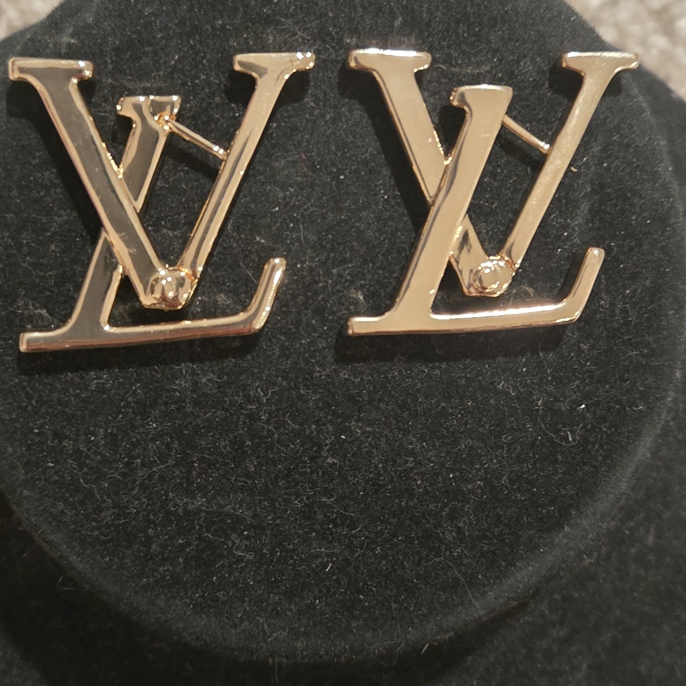 Gold Designer Logo Earrings - Picture 2 of 11